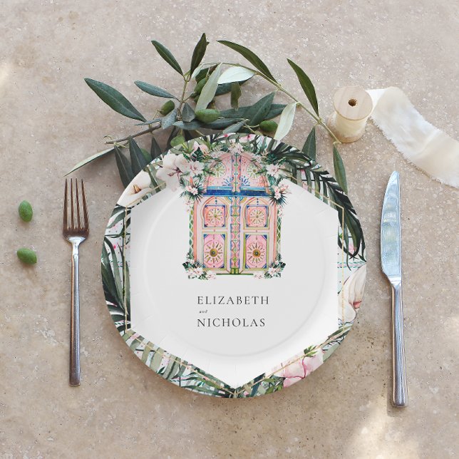 Assiettes En Carton Carreaux floraux | Mariage tropical marocain (Créateur téléchargé)