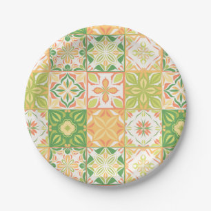 Assiettes En Carton Carreaux ornés en vert et jaune