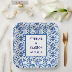 Assiettes En Carton Carreaux Portugais Mariage Méditerranéen Bleu