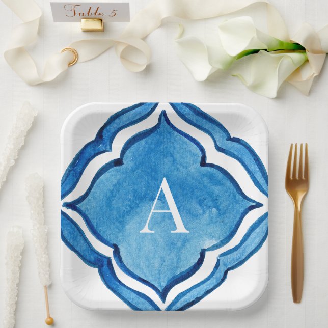 Assiettes En Carton Carrelage bleu de Cobalt Monogramme II (Mariage)