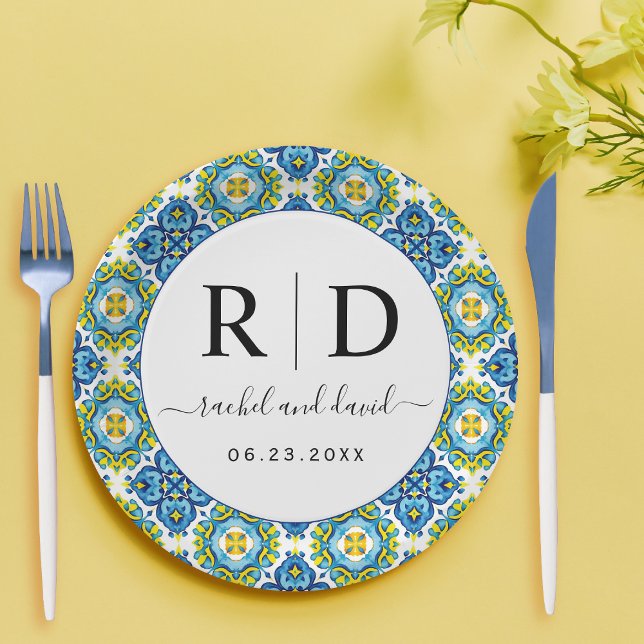 Assiettes En Carton Carrelage bleu et jaune méditerranéen mariage (Créateur téléchargé)