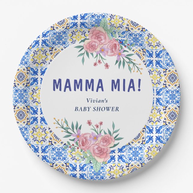 Assiettes En Carton Carrelage bleu italien Mamma Mia (Devant)