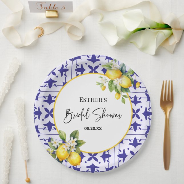 Assiettes En Carton Carrelage bleu méditerranéen Fête des mariées citr (Mariage)