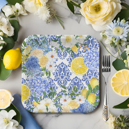 Assiettes En Carton Carrelage méditerranéen citron bleu et jaune fleur