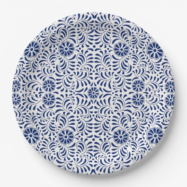 Assiettes En Carton Carrelage Talavera bleu style espagnol Fiesta (Devant)