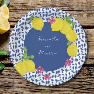 ASSIETTES EN CARTON CARRELATS BLEUS DE CITRONS DE COULEUR D'EAU