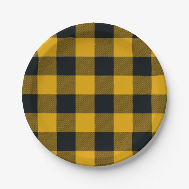 Assiettes En Carton Carrés à carreaux jaunes et noirs Buffalo Plaid (Devant)