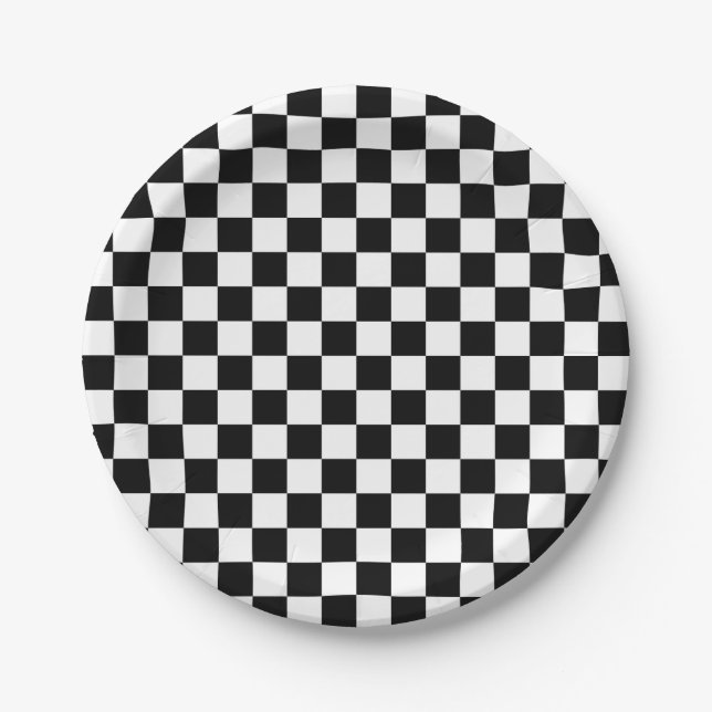 Assiettes En Carton Carrés Checkered noirs et blancs (Devant)
