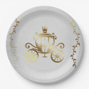 Assiettes En Carton Carrosse Doré Élégant Histoire Blanche Royale