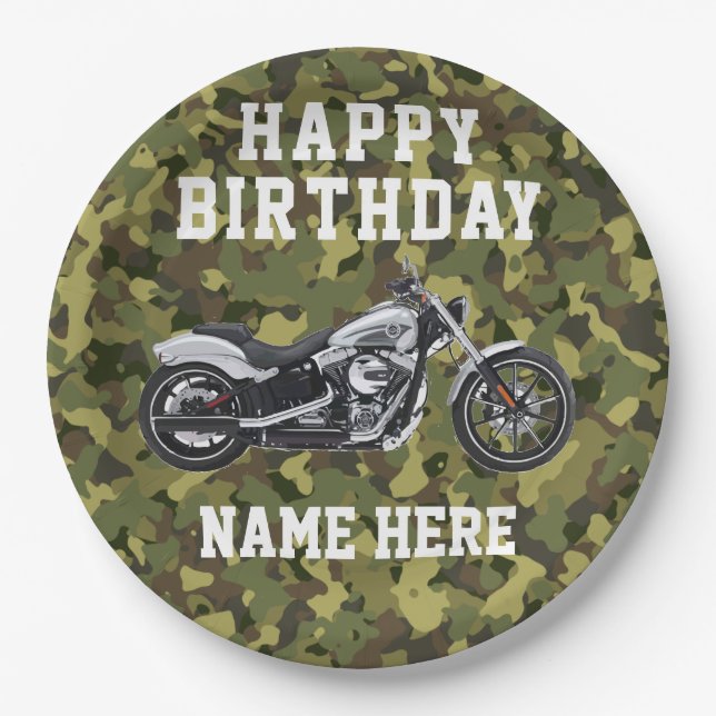 Assiettes En Carton Carte Camo Motorcycle Joyeux Anniversaire Nom (Devant)
