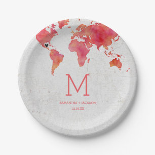 Assiettes En Carton Carte du monde aquarelle Destination Mariage Monog