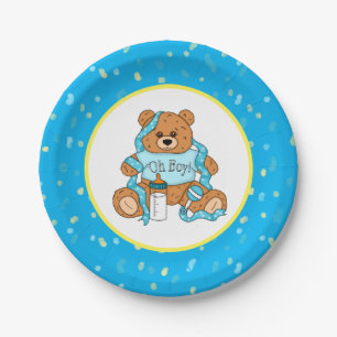 Assiettes En Carton Carton bleu et jaune Baby shower Ours en tourbe