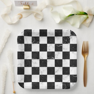 Assiettes En Carton Carton de contrôle en marbre noir et argent blanc
