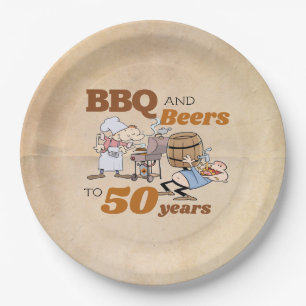 Assiettes En Carton Cartoon BBQ Et Bières 50e Anniversaire Rustique
