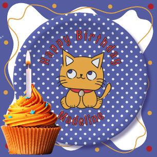 Assiettes En Carton Cartoon de chat bleu doux rouge orange fête d'anni