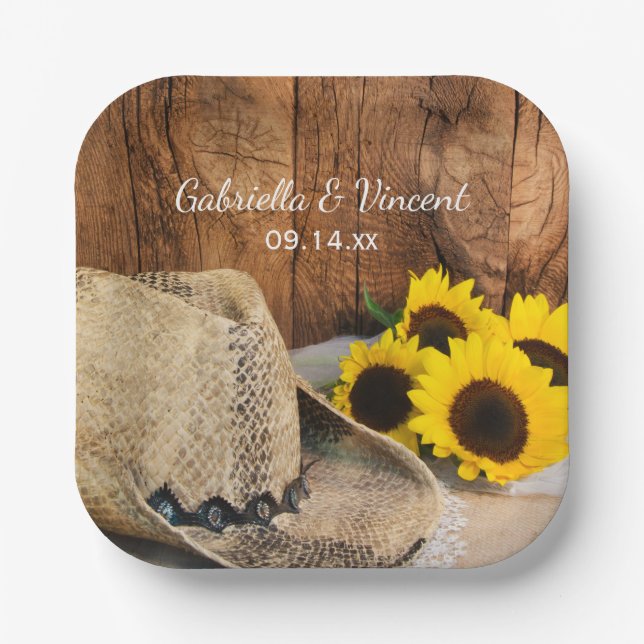 Assiettes En Carton Casquette de cowboy, tournesols, Mariage de l'Oues (Recto)