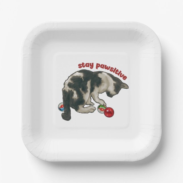 Assiettes En Carton Cat Playing with MARBLES, Stay Pawsitive, Pun (Recto)