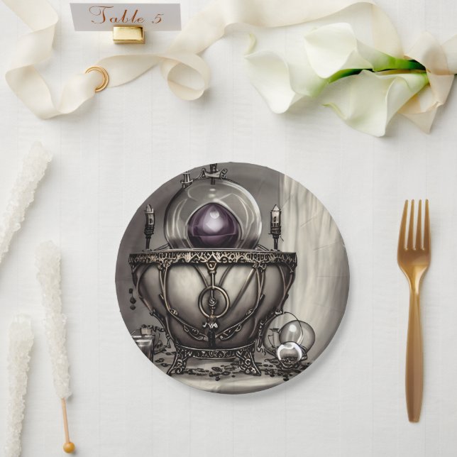Assiettes En Carton Cauldron argenté orné avec balle en cristal violet (Mariage)