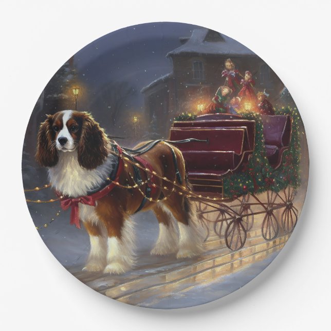 Assiettes En Carton Cavalier King Charles Spaniel Noël Festive (Devant)
