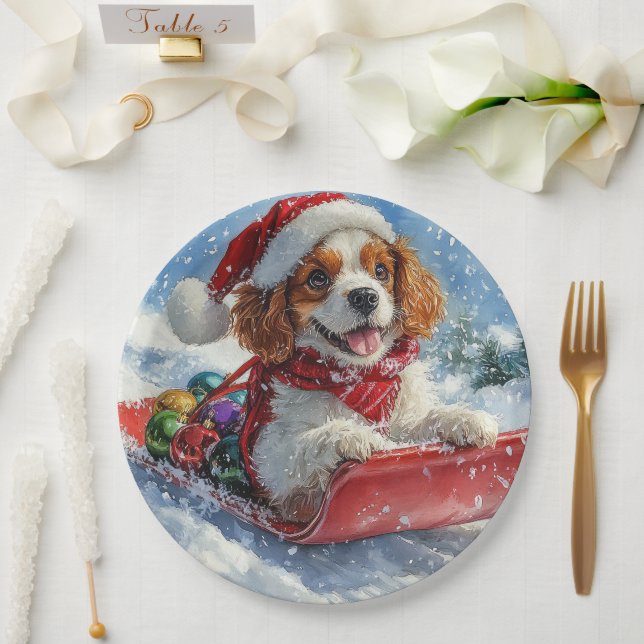 Assiettes En Carton Cavalier King Charles Spaniel Traîneau de Noël (Mariage)