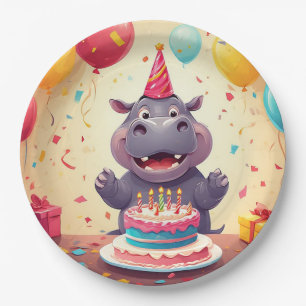 Assiettes En Carton 🎂 Célébration d'anniversaire d'hippopotame mignon