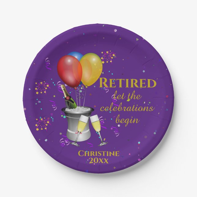 Assiettes En Carton Célébration De La Retraite Étincelante Vin Violet (Devant)