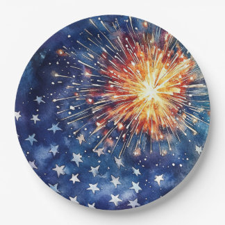 Assiettes En Carton Célébration de l'Amérique. Étoiles et feux d'artif