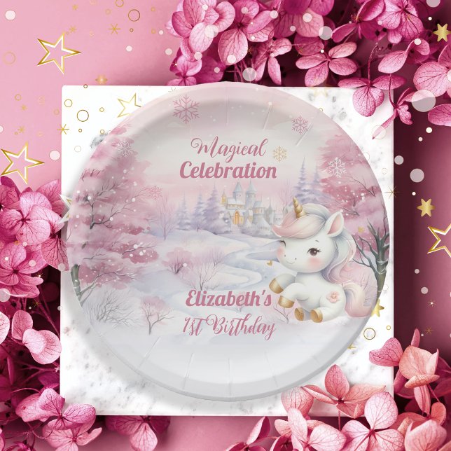 Assiettes En Carton Célébration magique Unicorn 1er anniversaire (Unicorn Pink Magical Celebration Mythical Creature Girl's 1st Birthday Party Paper Plates)