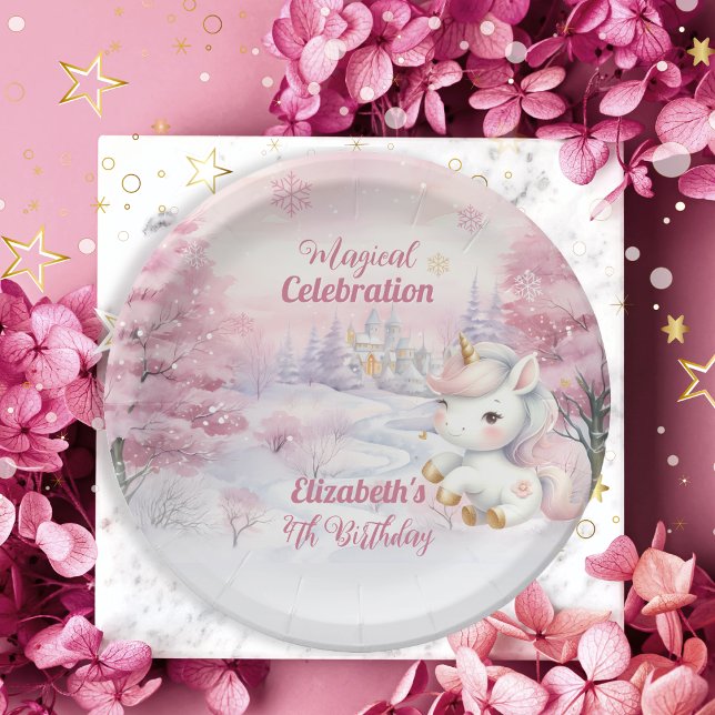 Assiettes En Carton Célébration magique Unicorn 4e fête d'anniversaire (Unicorn Pink Magical Celebration Mythical Creature Girl's 4th Birthday Party Paper Plates)