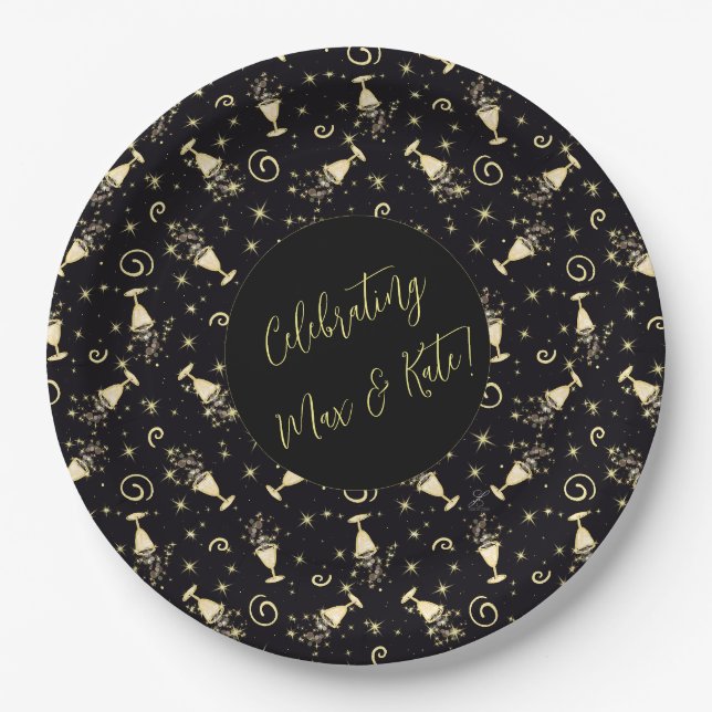 Assiettes En Carton Célébration scintillante Gold & Black personnalisa (Devant)