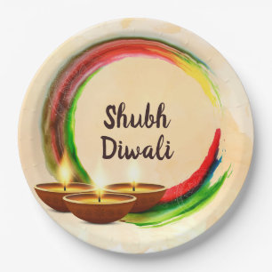 Assiettes En Carton Cercle d'aquarelle Diwali Diyas