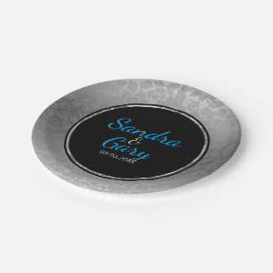 Assiettes En Carton Cercle Noir Argent Damas Avec Bague Argent