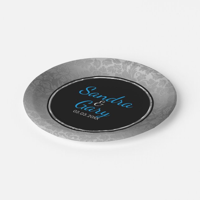Assiettes En Carton Cercle Noir Argent Damas Avec Bague Argent (Angle)