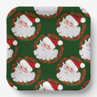 Assiettes En Carton Cercles Visages père Noël, Plaques Papier Vert