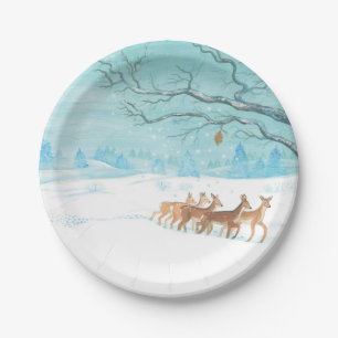 Assiettes En Carton Cerf de chevreuil dans le bois d'hiver couvert de