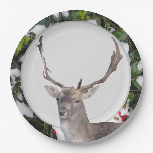 Assiettes En Carton Cerf de Noël avec plaque en papier creux (Devant)
