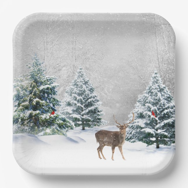 Assiettes En Carton Cerf De Noël En Bois D'Hiver (Recto)