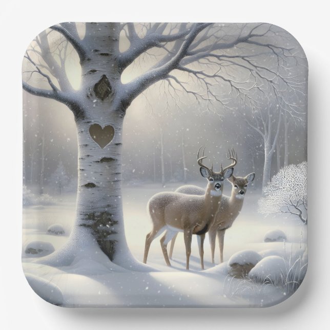 Assiettes En Carton Cerf D'Hiver Avec Coeur Sur Birch Tree (Recto)