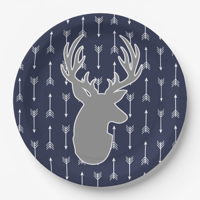 Assiettes En Carton Cerf gris et flèches blanches rustiques modernes (Devant)