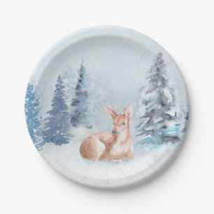 Assiettes En Carton Cerfs communs chics d'aquarelle d'hiver dans la