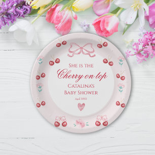 Assiettes En Carton Cerise Broussie Sur Le Top Baby shower Party