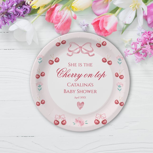 Assiettes En Carton Cerise Broussie Sur Le Top Baby shower Party (Créateur téléchargé)