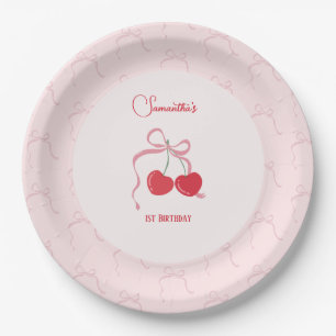 Assiettes En Carton Cerise sur le dessus Pink Bow Anniversaire