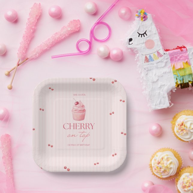 Assiettes En Carton Cerise sur le gâteau fille 1er anniversaire (Fête)