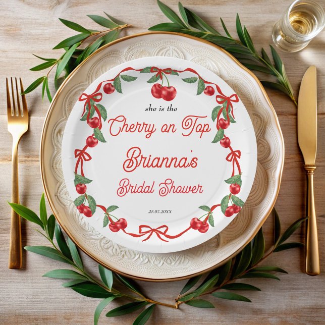 Assiettes En Carton Cerise sur ruban coquette douche de mariée (Cherry on top ribbon coquette berry summer bridal shower personalized paper plates)