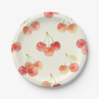 Assiettes En Carton Cerises à l'aquarelle Douce Été