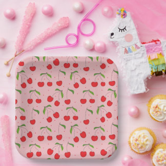 Assiettes En Carton cerises Motif Plaque en papier rose et rouge