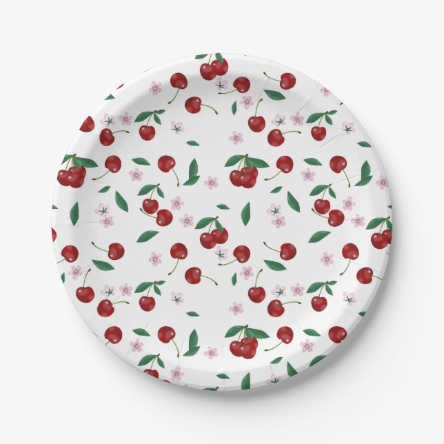 Assiettes En Carton Cerises rouges botaniques Verdure & Fleurs de ceri (Devant)