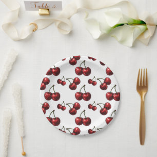 Assiettes En Carton Cerises Rouges Brillantes Fête Rétro Blanche