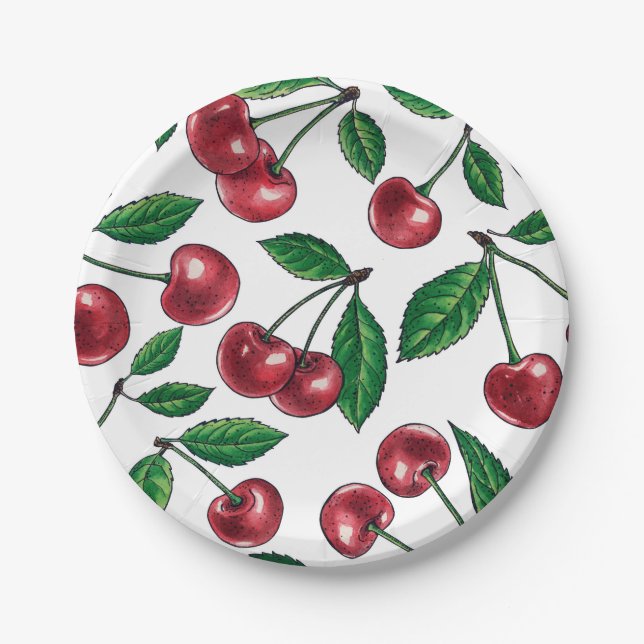 Assiettes En Carton Cerises rouges sur blanc (Devant)